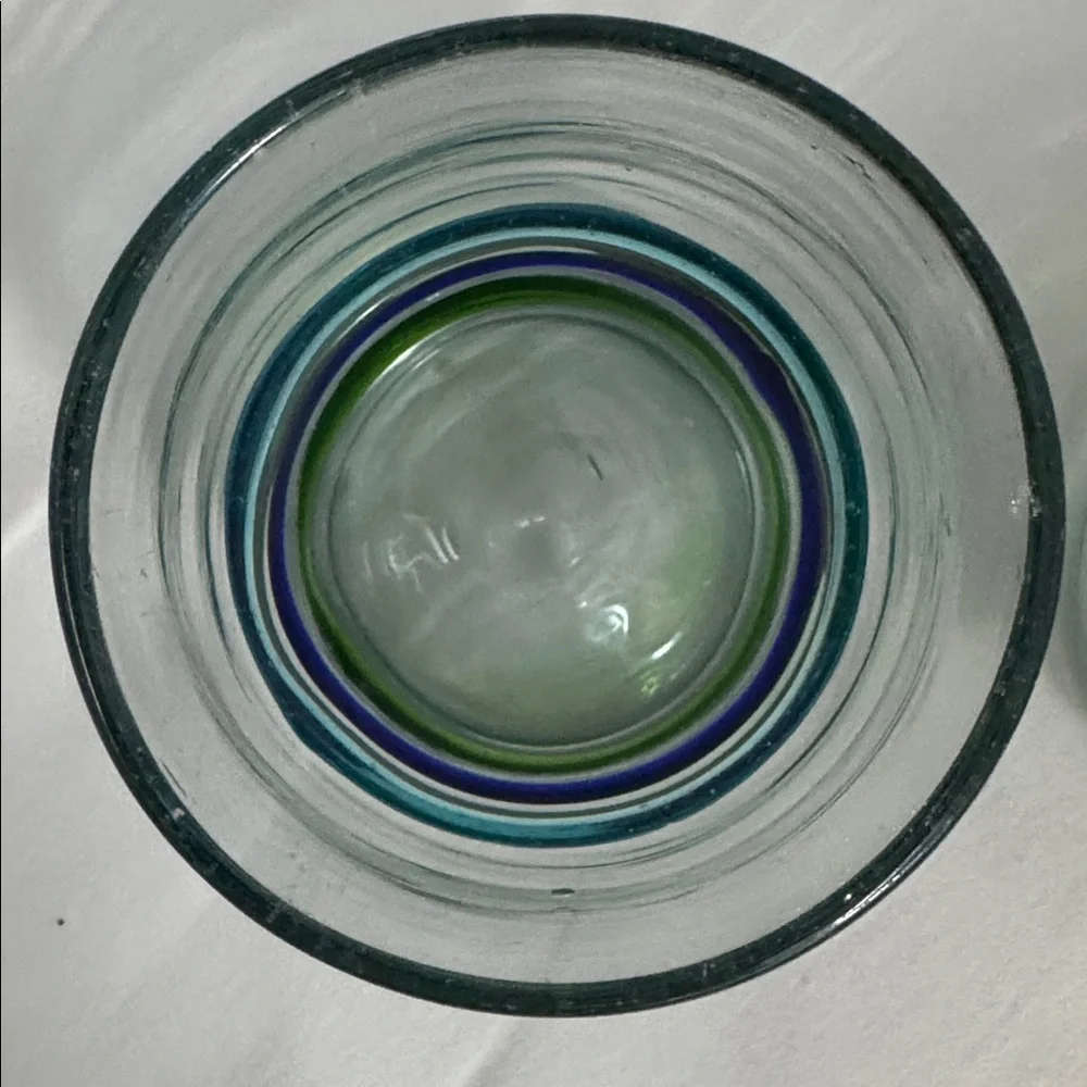 MEXICO HANDBLOWN TUMBLER GLASSES 2 SET STRIPES Cobalt Aqua Green Barware 12 oz